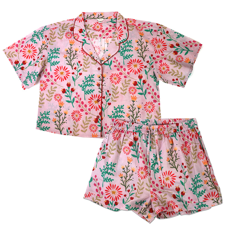 Pink summer meadow print blouse and shorts pyjama set