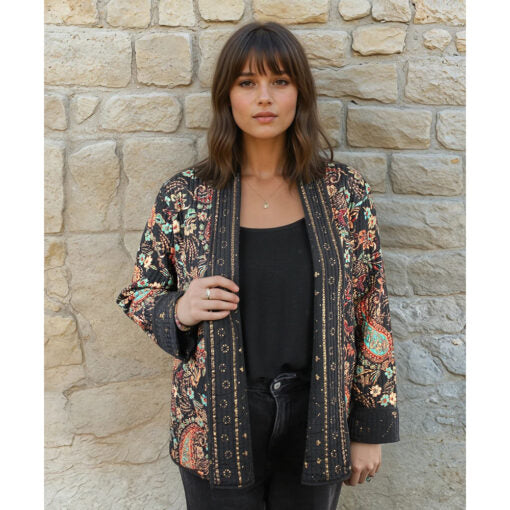 Black, Blue & Red Paisley Floral Quilted Reversible Jacket