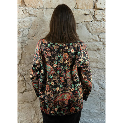 Black, Blue & Red Paisley Floral Quilted Reversible Jacket