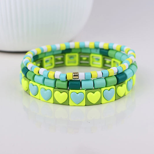 Lime mix triple bracelet stack with hearts
