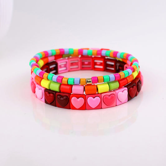 Neon mix triple bracelet stack with hearts