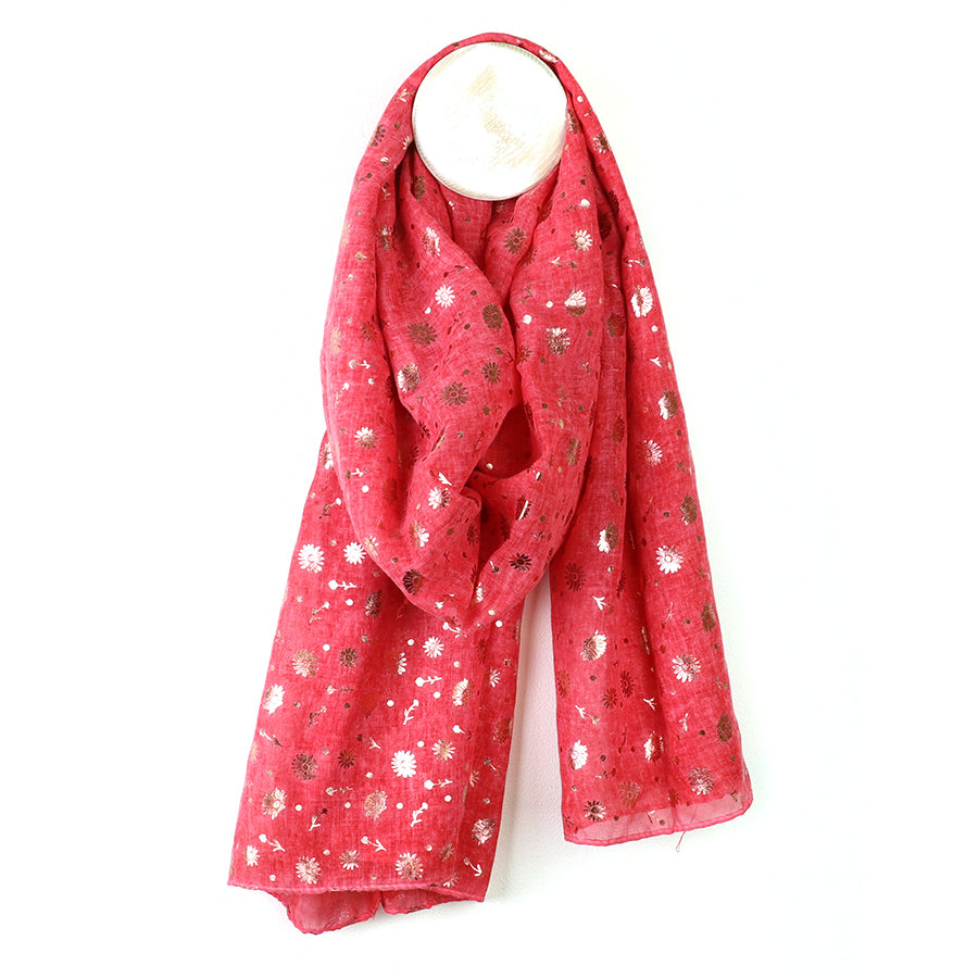 Recycled coral and metallic flower print scarf