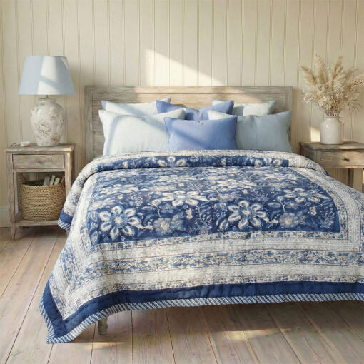 Royal Blue & White Floral Reverse Quilt